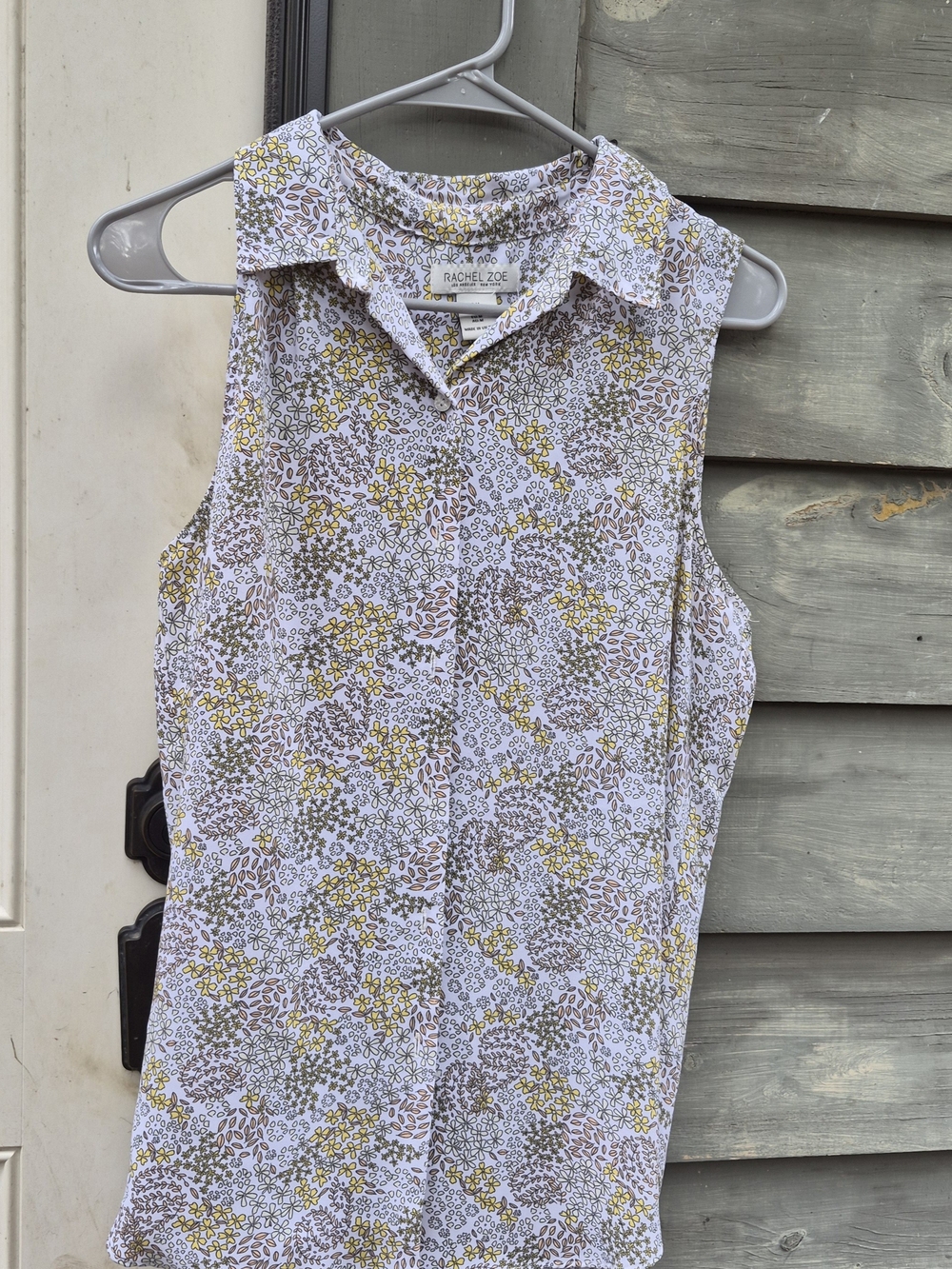 Rachel Zoe Sleeveless Floral Collared Shell - White with Yellow & Brown